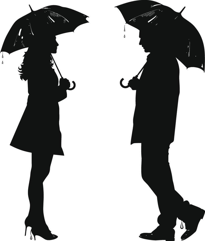 ai généré silhouette femme et homme avec parapluie noir Couleur seulement plein corps vecteur