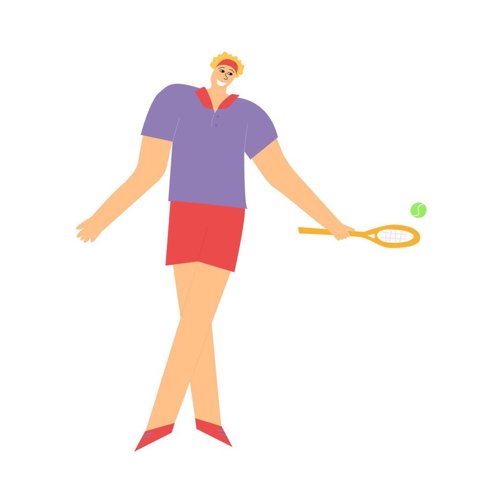 content tennis joueur frappe une Balle avec raquette. dessin animé plat personnage. Jeune gars en jouant tennis vecteur