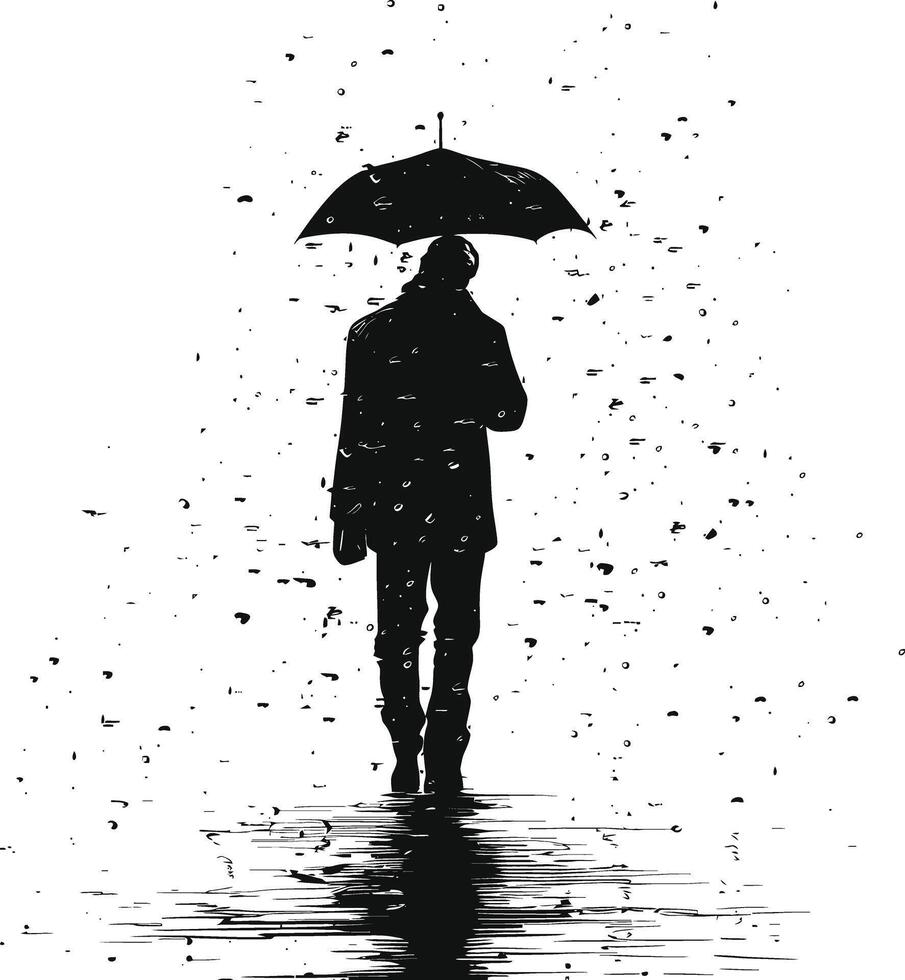 ai généré silhouette homme avec parapluie pendant bruine noir Couleur seulement vecteur