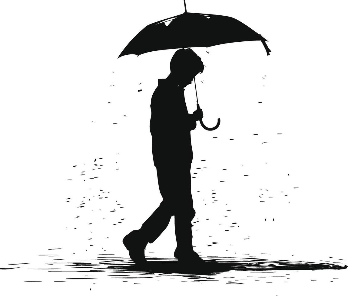 ai généré silhouette garçon ou homme avec parapluie pendant bruine noir Couleur seulement vecteur