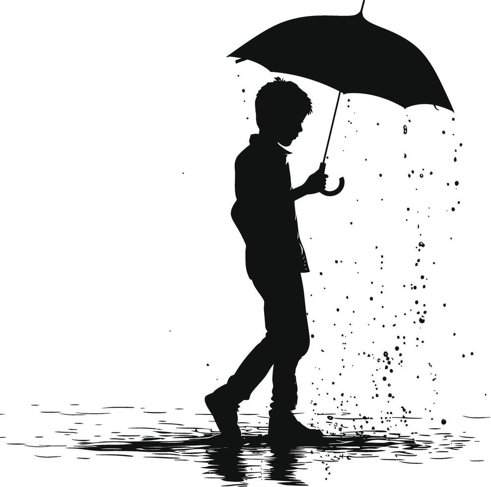 ai généré silhouette garçon ou homme avec parapluie pendant bruine noir Couleur seulement vecteur