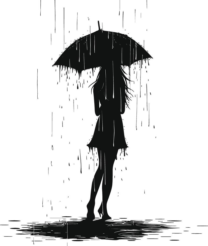 ai généré silhouette fille avec parapluie pendant bruine noir Couleur seulement vecteur