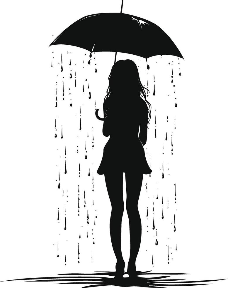 ai généré silhouette fille avec parapluie pendant bruine noir Couleur seulement vecteur