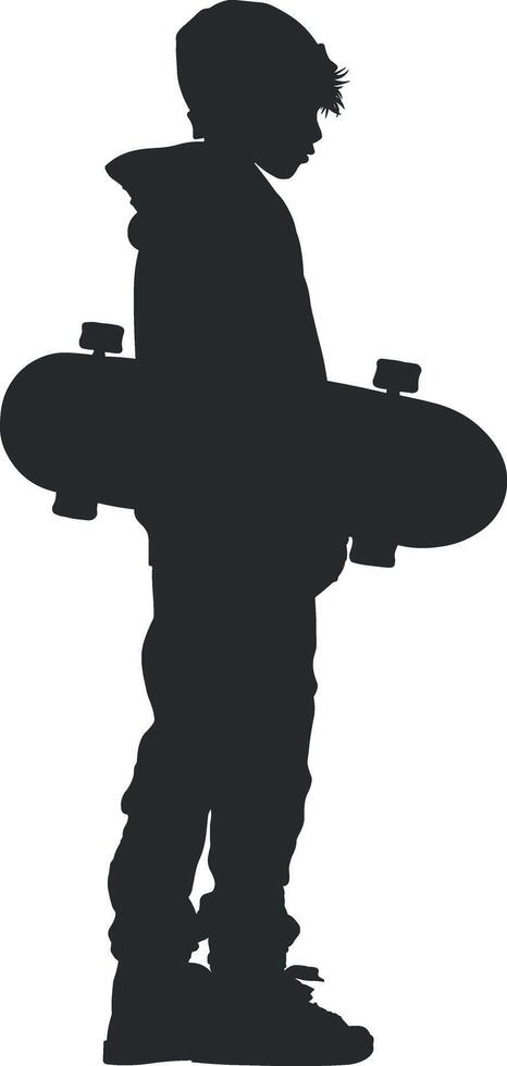 noir silhouette de une gars ou adolescent avec une planche à roulette sans pour autant Contexte vecteur