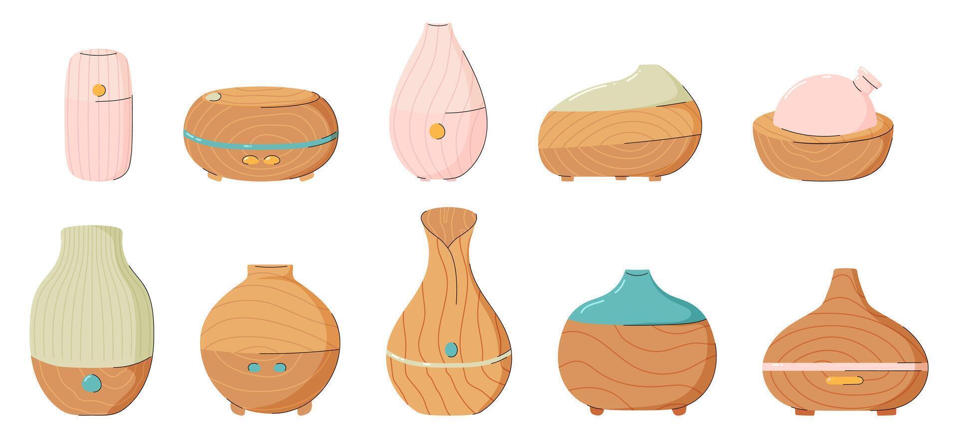 électrique arôme diffuseurs de différent conceptions. en bonne santé mode de vie, soi se soucier. se détendre temps, aromathérapie. moderne main tiré style. gros ensemble de mignonne articles. vecteur