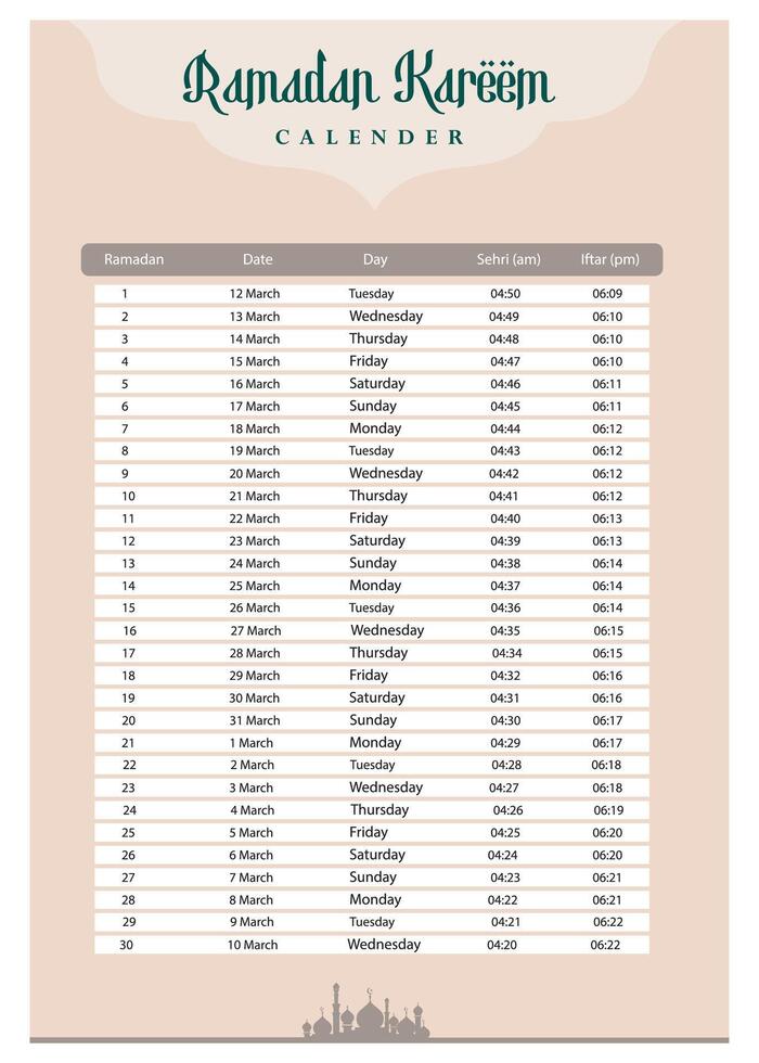 Ramadan calendrier 2024 avec prière fois dans Ramadan. Ramadan programme vecteur conception