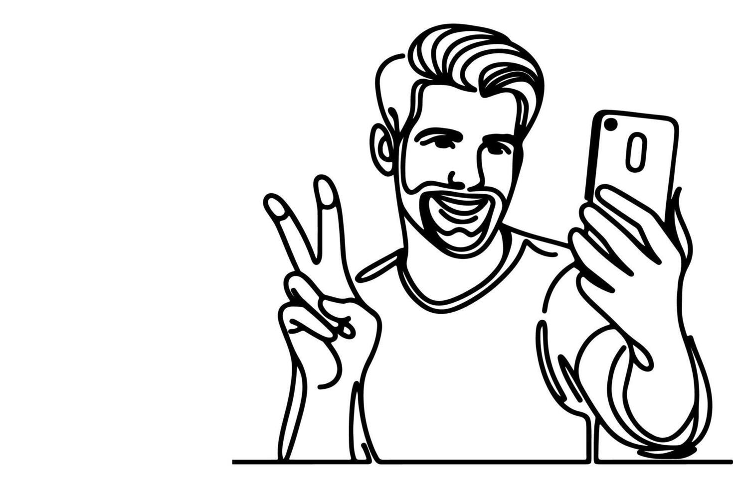 continu un noir ligne art dessin de bonne humeur Jeune homme en portant téléphone intelligent à prise agissant selfie ou vidéo appel par mobile téléphone contour griffonnage vecteur famille Voyage concept