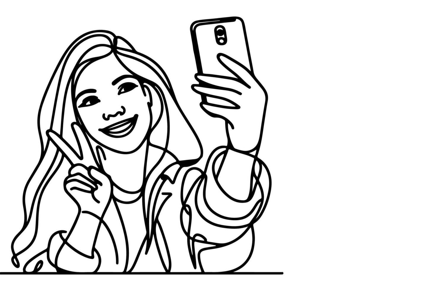 continu un noir ligne art dessin de bonne humeur Jeune fille en portant téléphone intelligent à prise agissant selfie ou vidéo appel par mobile téléphone contour griffonnage vecteur famille Voyage concept