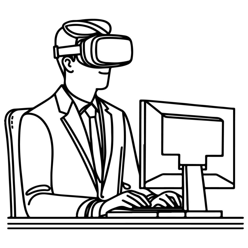Célibataire continu dessin noir ligne art linéaire homme d'affaire dans Bureau en utilisant virtuel réalité casque simulateur des lunettes avec ordinateur griffonnage style esquisser vecteur