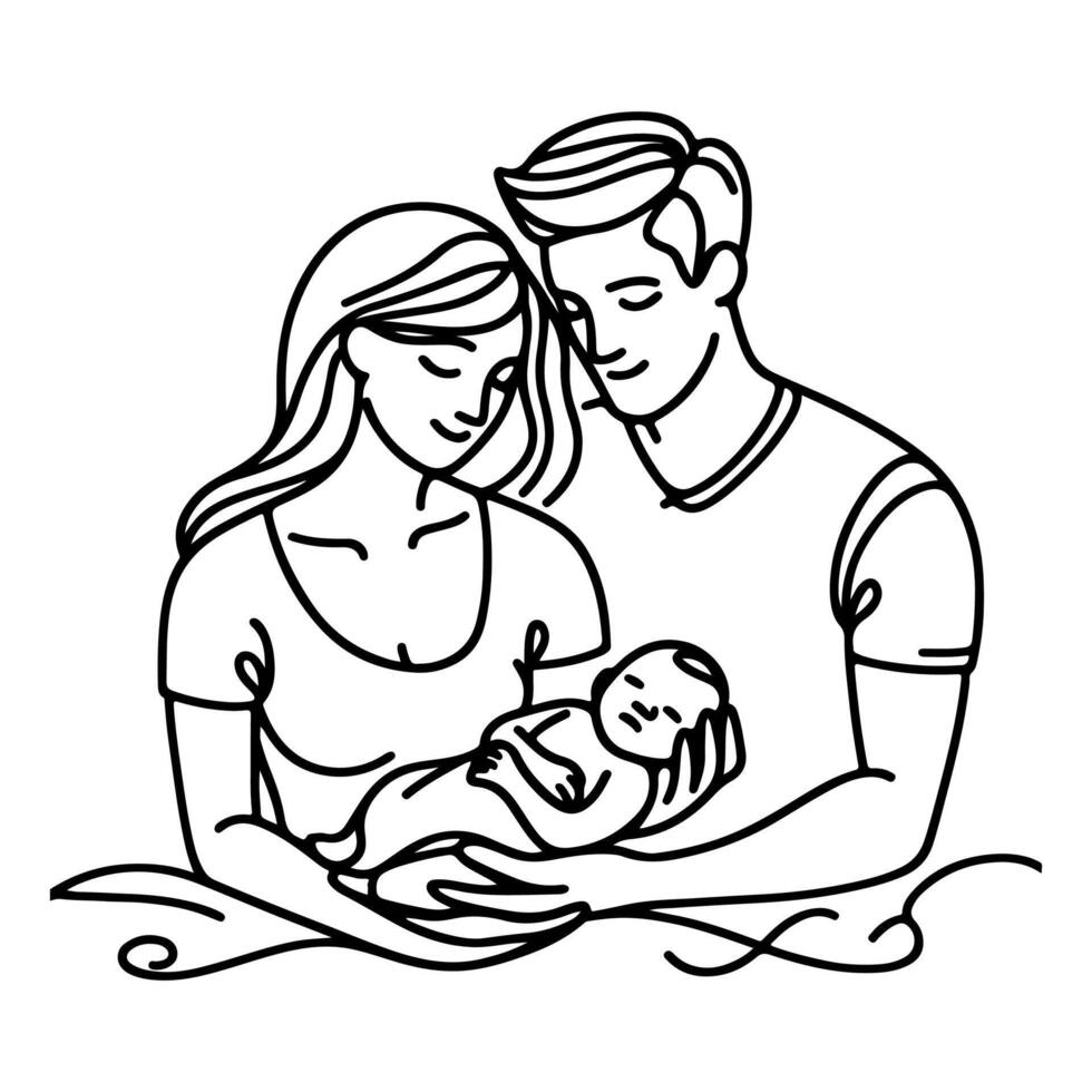 continu un noir ligne art dessin Parents avec nouveau née bébé griffonnages contour style vecteur illustration sur blanc Contexte