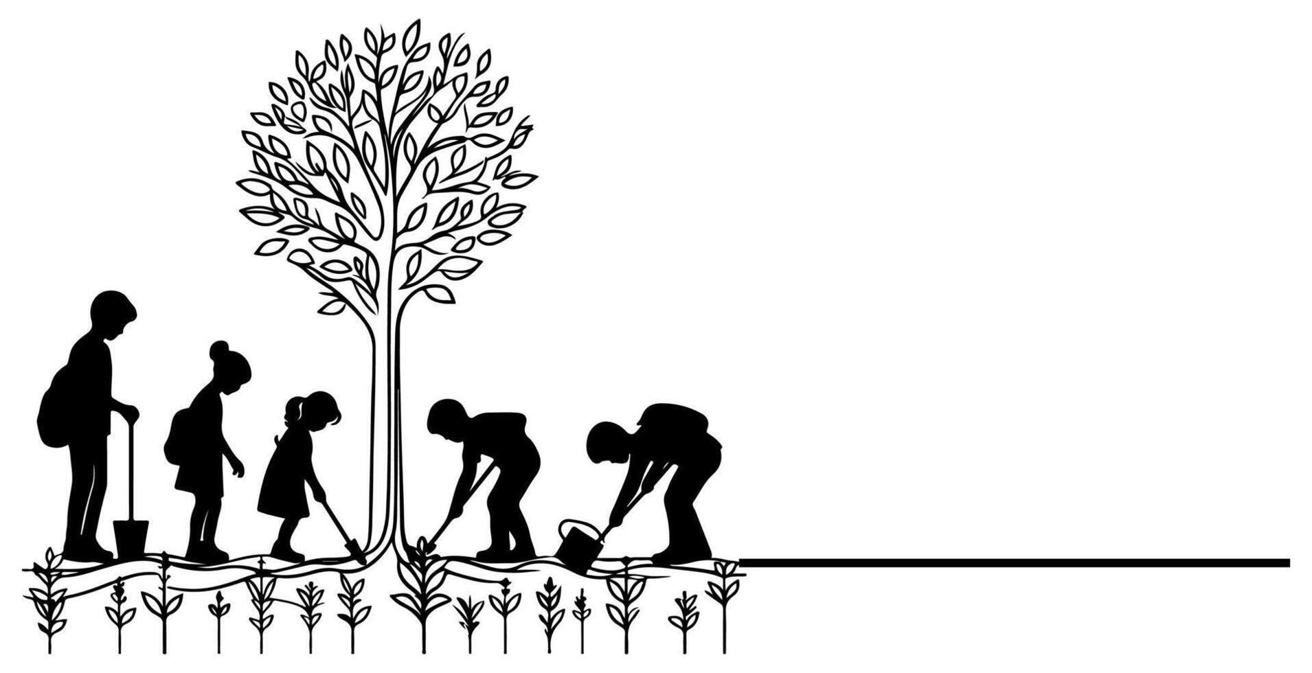 continu un noir ligne art dessin silhouette de les enfants plantation arbre. pelle creuse les racines plante dans sol à enregistrer le monde et Terre journée réduire global chauffage croissance vecteur