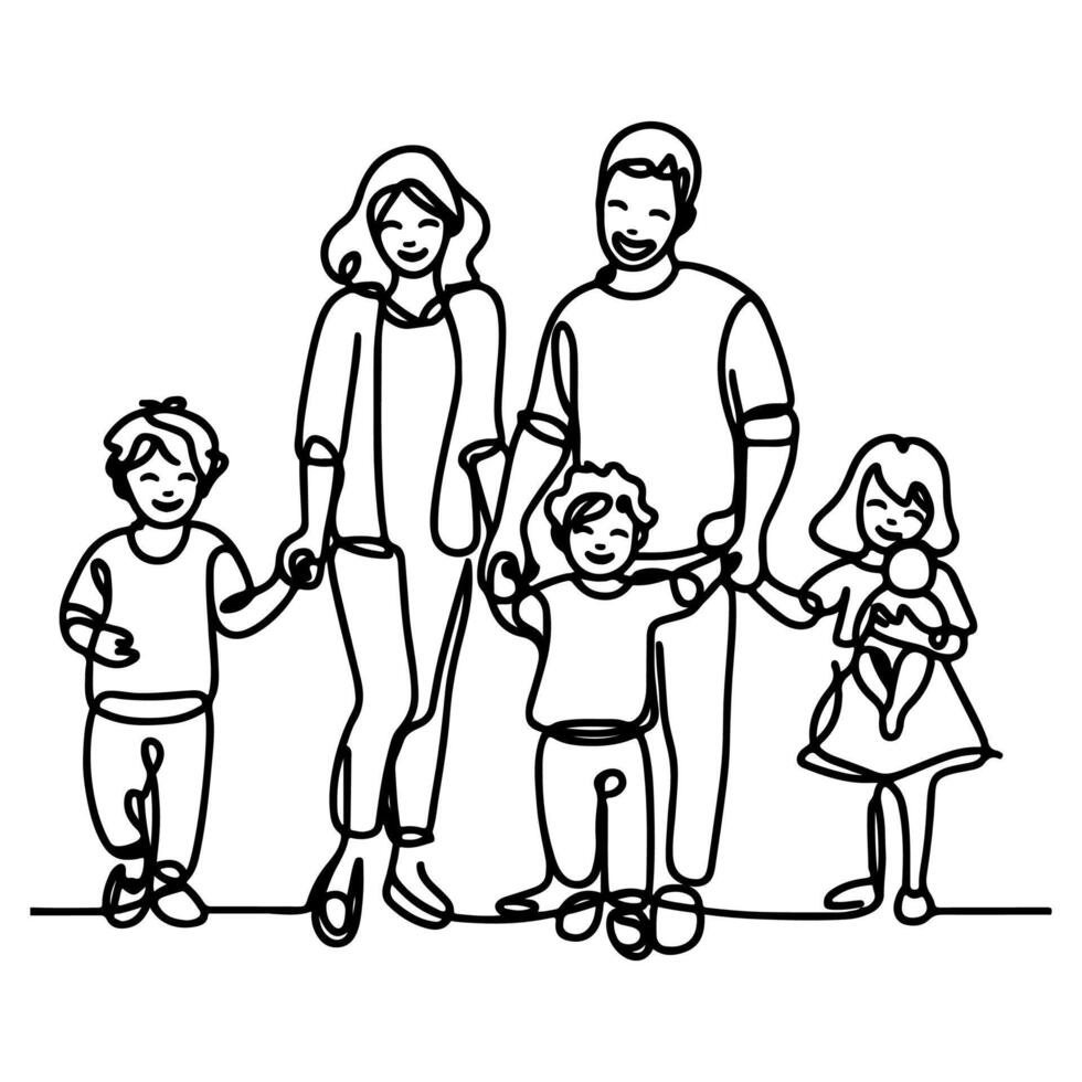 continu un noir ligne art dessin content famille père et mère avec enfant griffonnages style vecteur illustration sur blanc