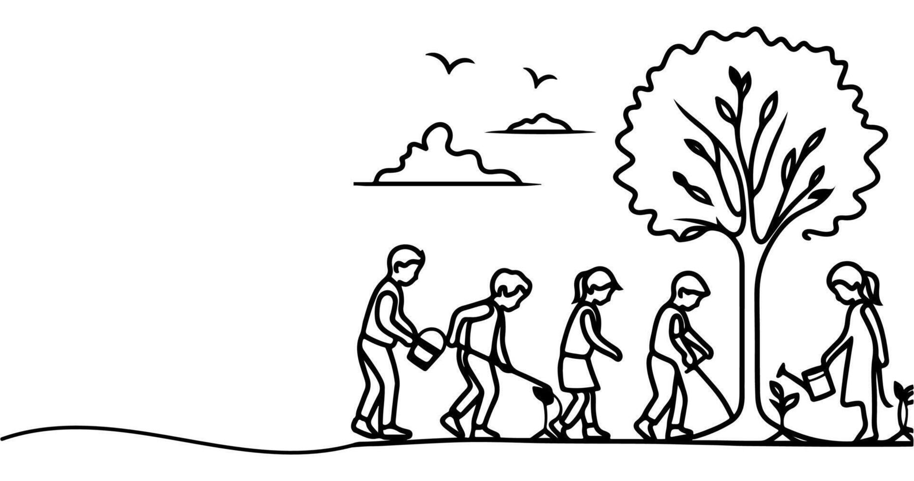 continu un noir ligne art dessin silhouette de les enfants arrosage une arbre. plantation arbre à enregistrer le monde et Terre journée réduire global chauffage croissance concept vecteur illustration sur blanc Contexte