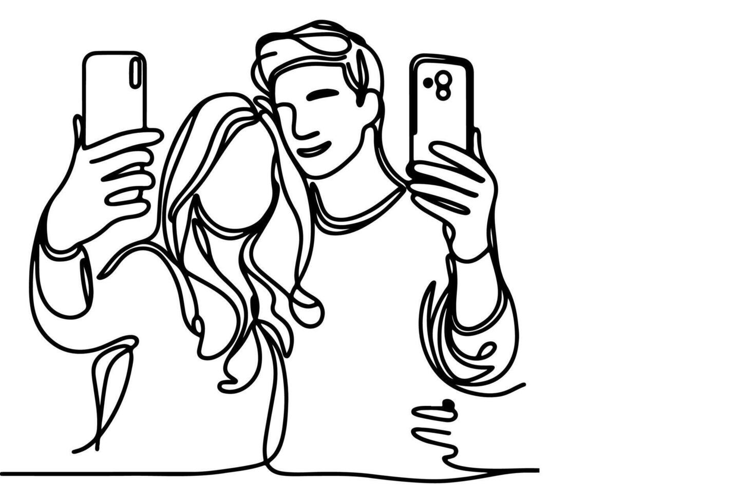 continu un noir ligne art dessin de bonne humeur Jeune homme et fille en portant téléphone intelligent à prise agissant selfie ou vidéo appel par mobile téléphone contour griffonnage vecteur famille Voyage concept