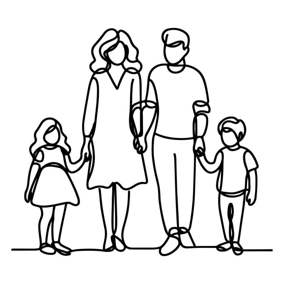 continu un noir ligne art dessin content famille père et mère avec enfant griffonnages style vecteur illustration sur blanc