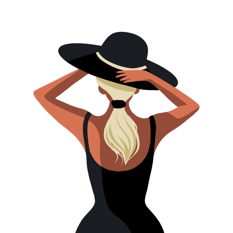 vecteur illustration de une fille sur vacances dans une noir chapeau retour vue sur une blanc Contexte