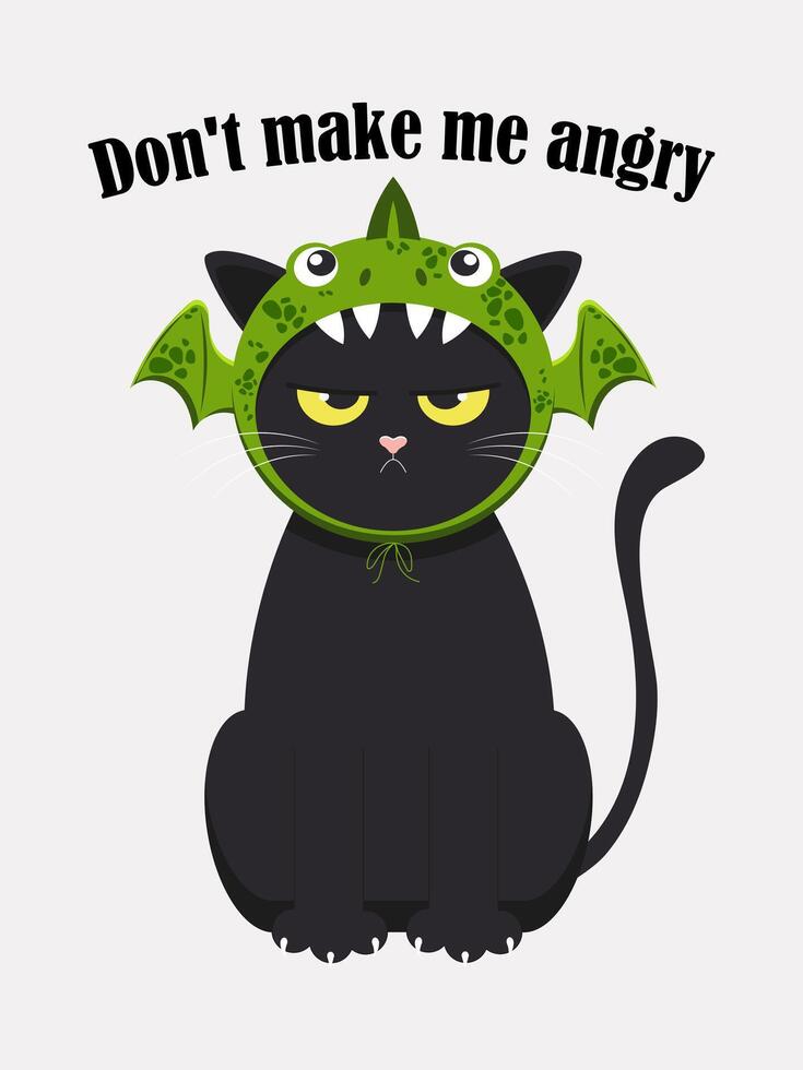 une marrant noir mignonne chat est en colère car elles ou ils mettre une vert dragon chapeau sur lui pour une de fête ambiance. texte ne le fais pas faire moi en colère. vecteur. vecteur
