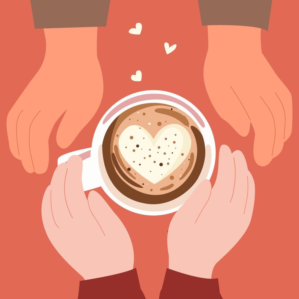 mains de une aimant couple en portant une agresser de café avec latté cœur art, Haut voir. concept de café, aimer, romance, Date vecteur