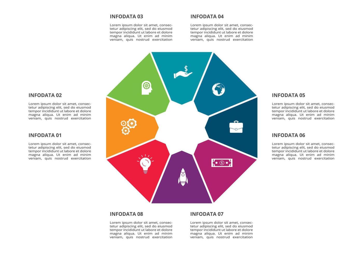 cercle éléments de graphique, diagramme avec 8 pas, choix, les pièces ou processus. modèle pour infographie, présentation. vecteur