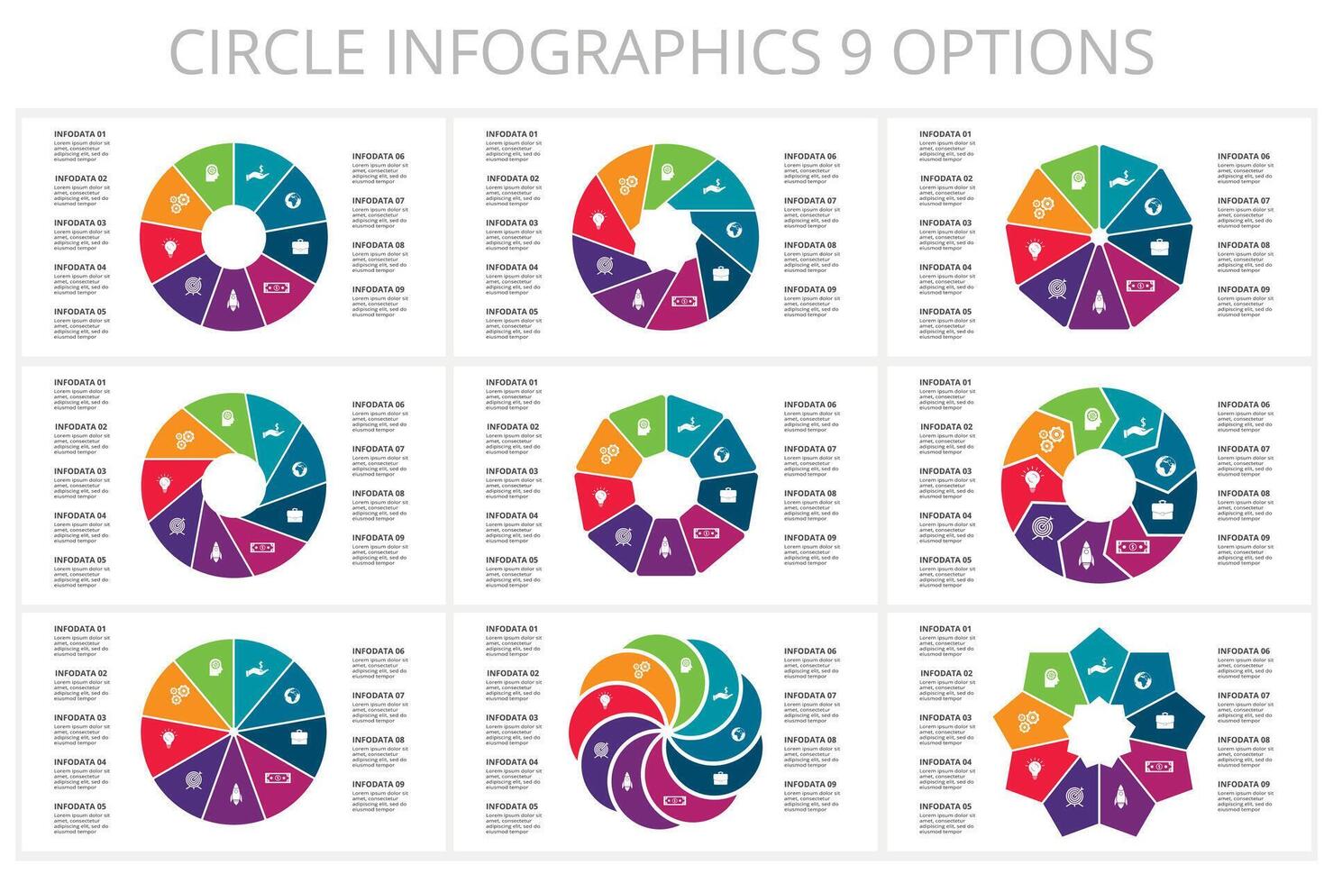 ensemble cercle éléments de graphique, diagramme avec 9 pas, choix, les pièces ou processus. modèle pour infographie, présentation. vecteur