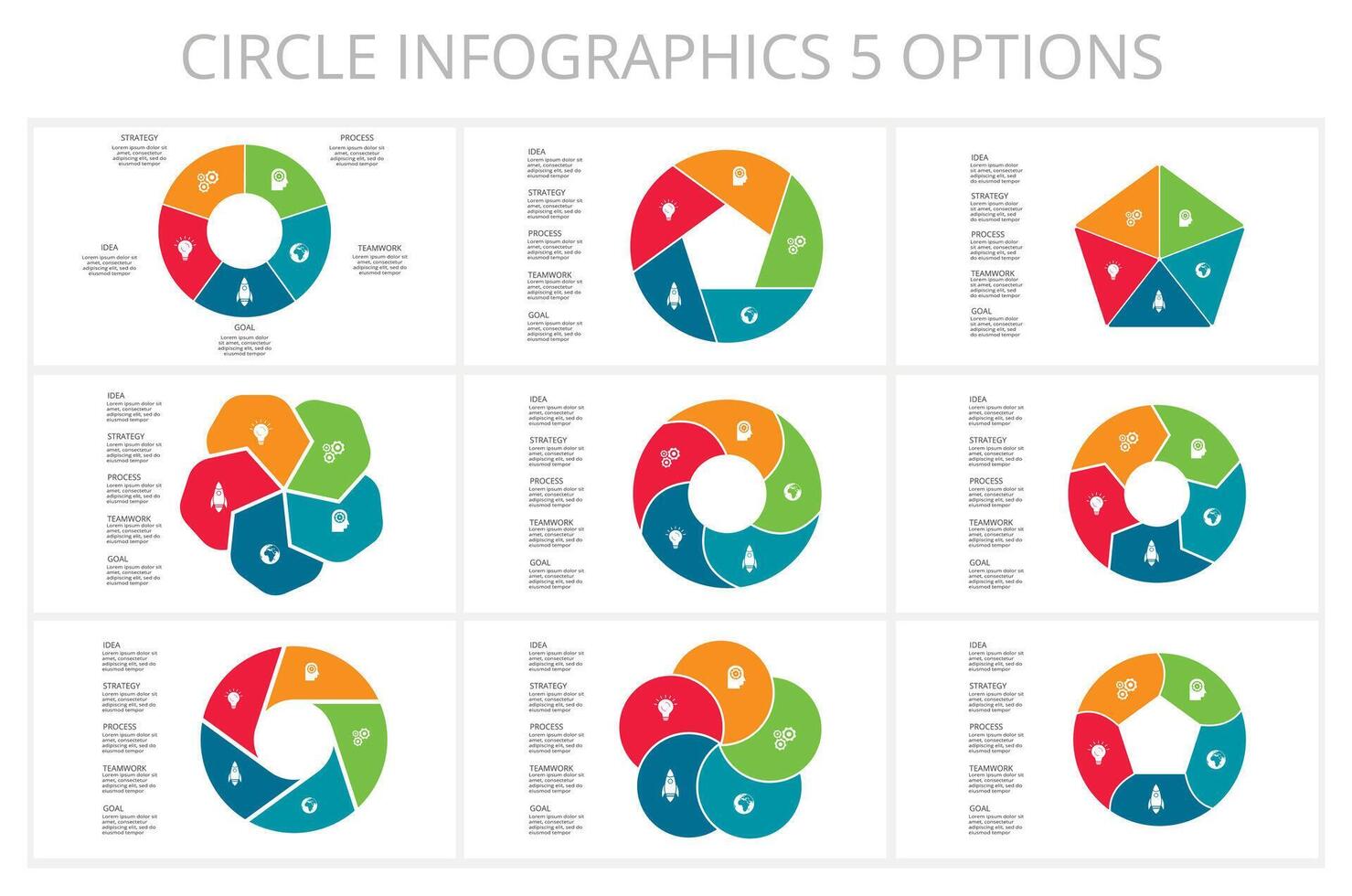 ensemble cercle éléments de graphique, diagramme avec 5 pas, choix, les pièces ou processus. modèle pour infographie, présentation. vecteur