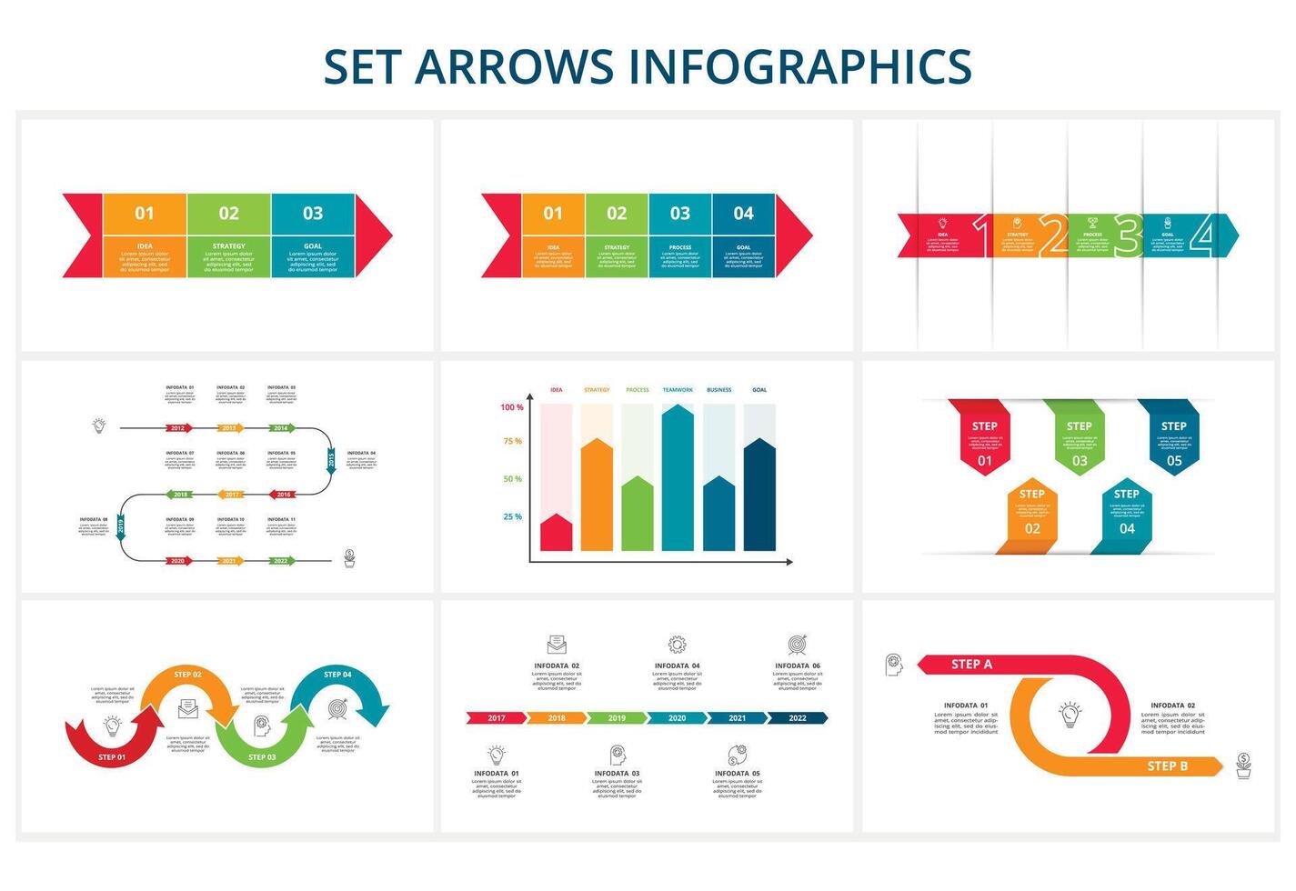 ensemble abstrait flèches de graphique, diagramme avec 3, 4, 5, 6 pas, choix, les pièces ou processus. vecteur affaires modèle pour présentation