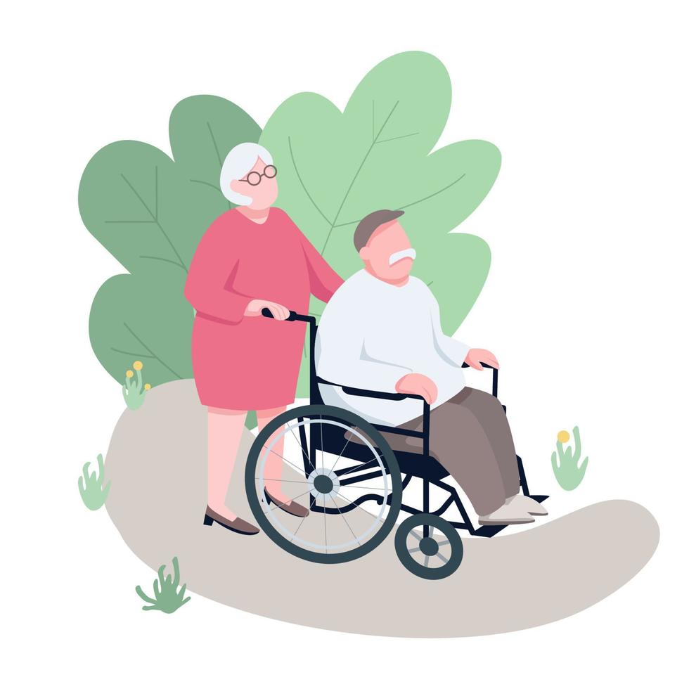 femme aidant les personnages sans visage de vecteur de couleur plate de mari handicapé. couple de personnes âgées, homme paraplégique marchant dans un parc, illustration de dessin animé isolé de soutien familial pour la conception graphique et l'animation Web