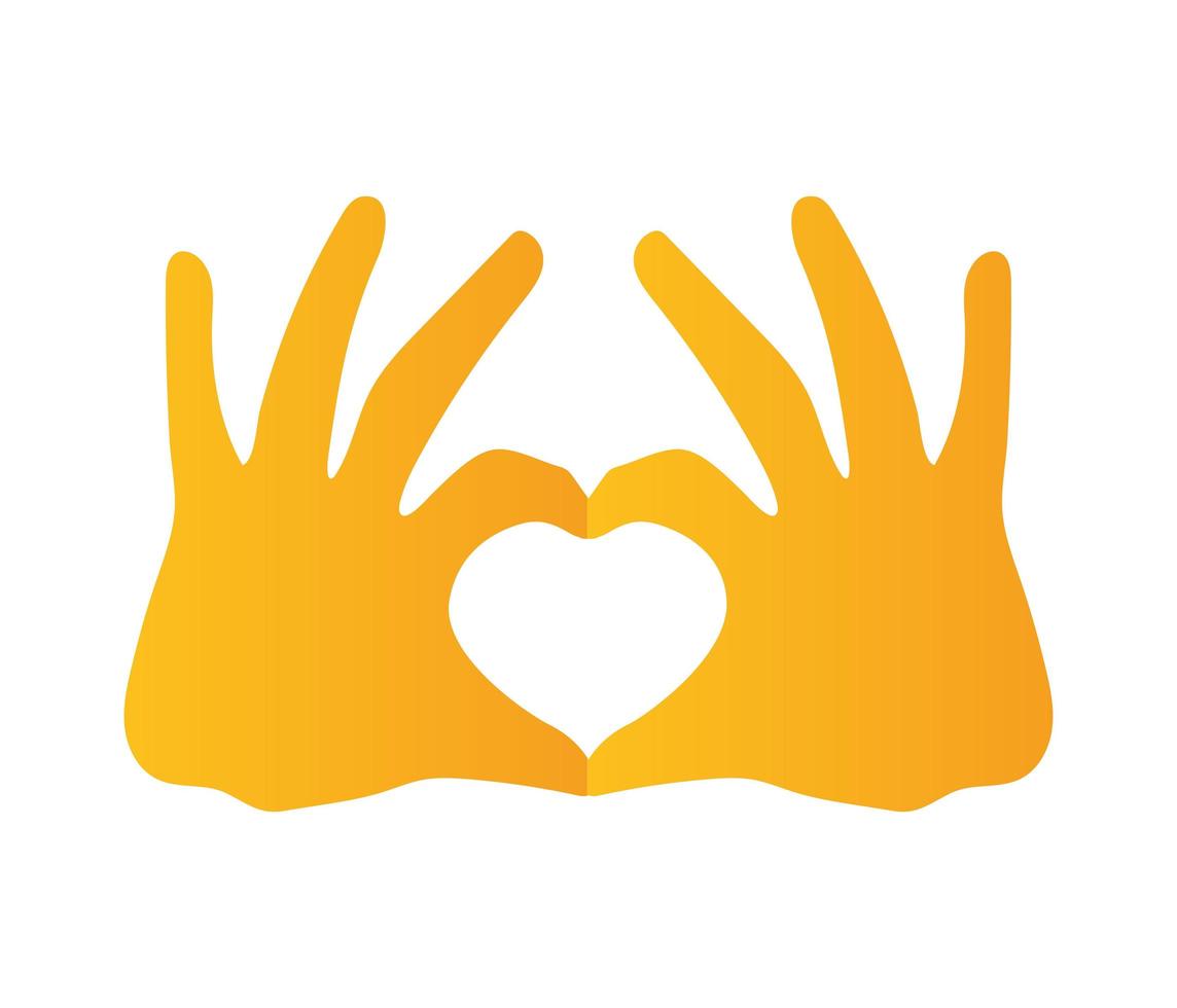silhouette de deux mains avec forme de coeur de couleur jaune vecteur