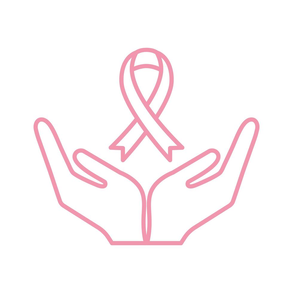 ruban de cancer du sein sur la conception de vecteur d'icône de style de ligne de mains