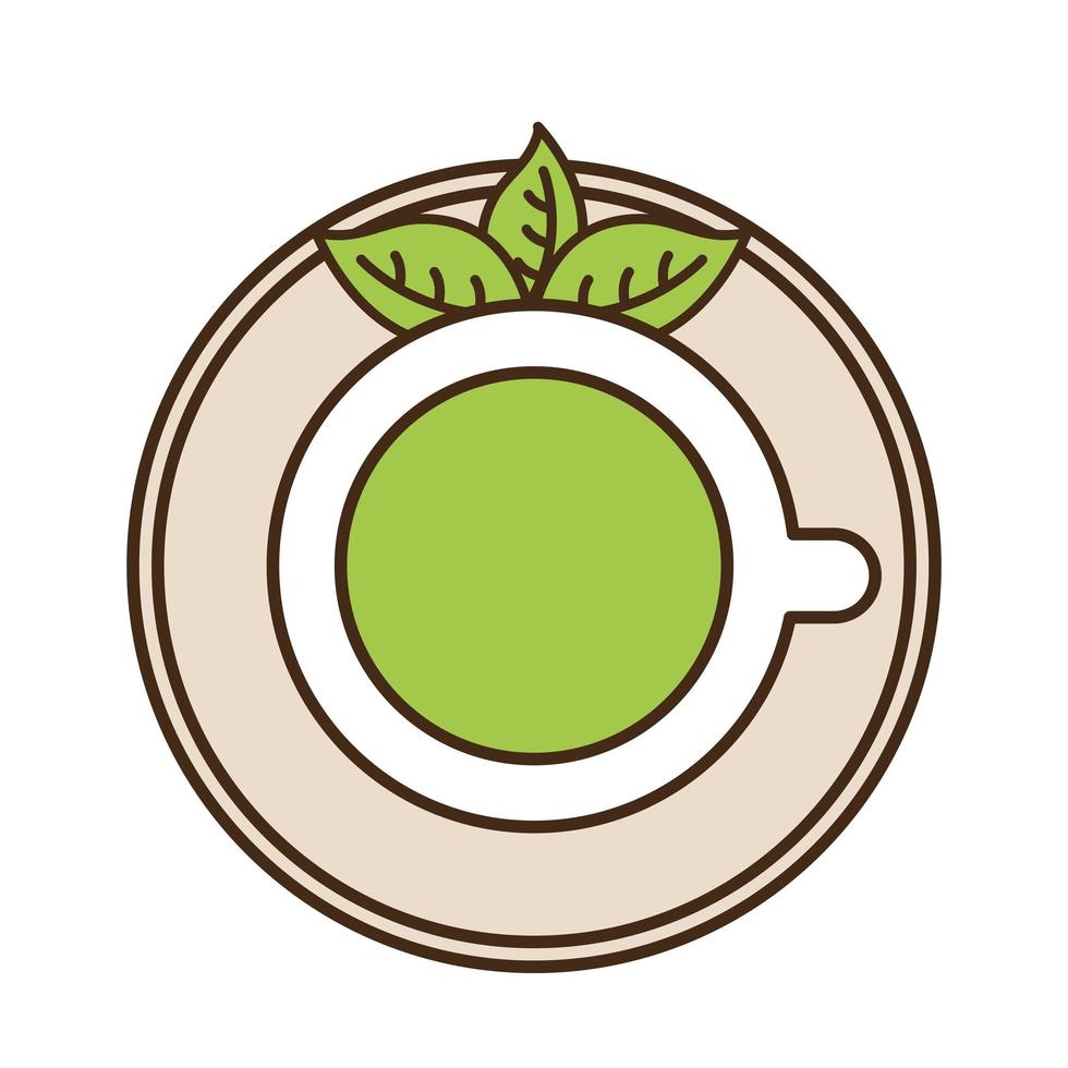 tasse à thé avec la ligne de feuilles et la conception de vecteur d'icône de style de remplissage