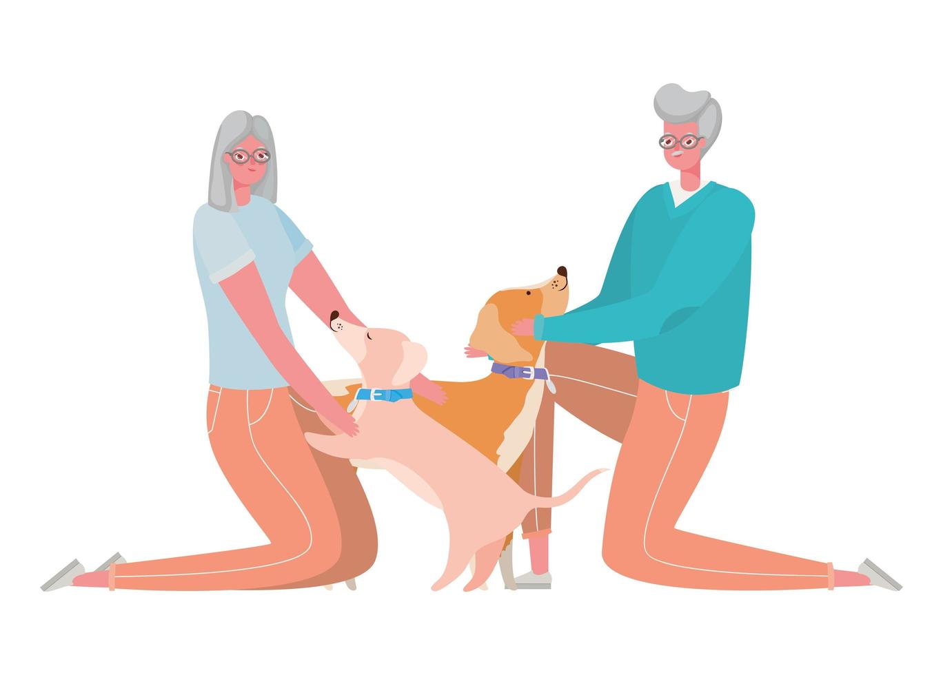 senior femme et homme dessins animés avec des chiens vector design