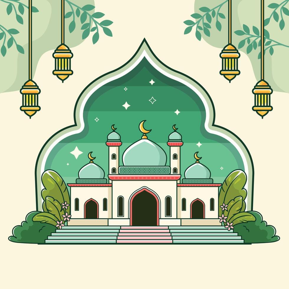 mosquée avec lanternes et des arbres dans le Contexte vecteur