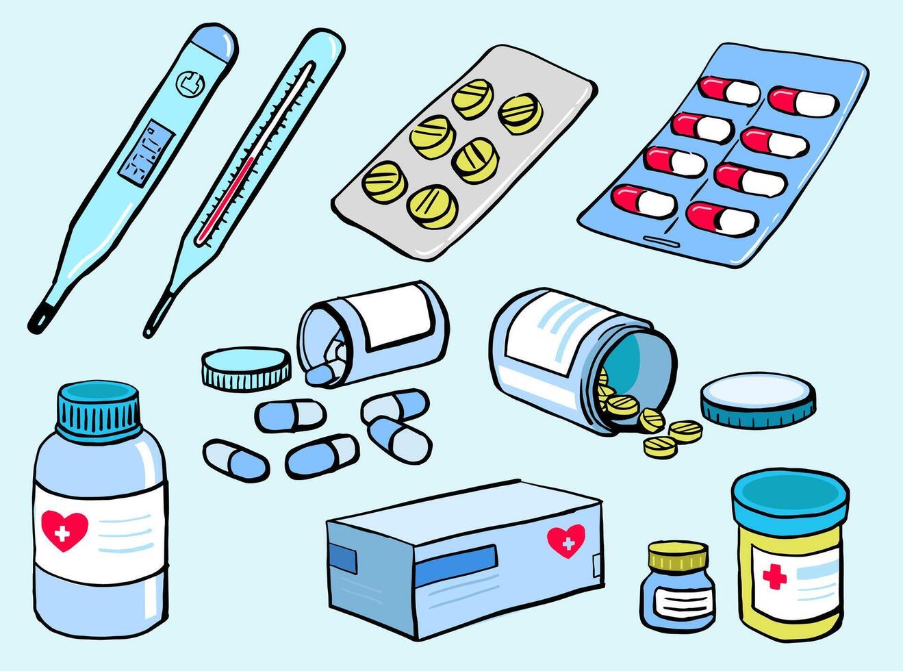 médical articles ensemble. thermomètre, des médicaments bocaux, pilules, capsule, drogue boîte emballage main tiré vecteur illustration