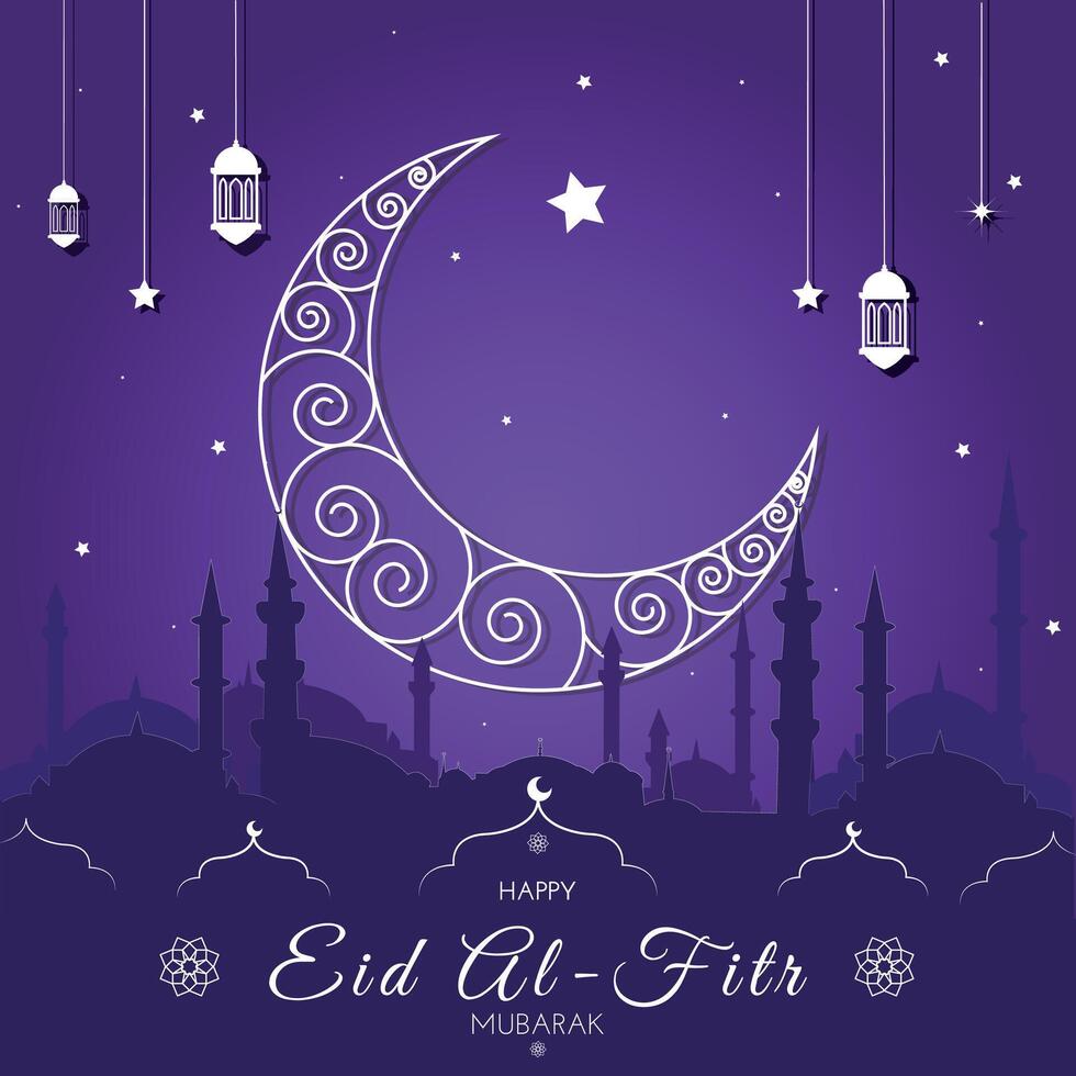 croissant islamique avec lanternes et étoiles pour Ramadan, eid moubarak. salutation carte, bannière. moitié lune, lampe, mosquée. vecteur illustration