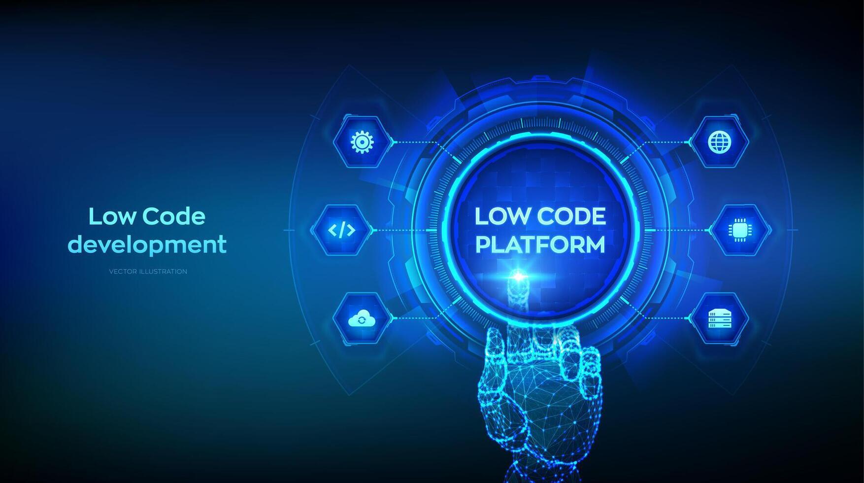 faible code Plate-forme et non code développement La technologie concept. lcdp et cdnd - Logiciel développement en utilisant graphique interfaces. filaire main émouvant numérique interface. vecteur illustration.