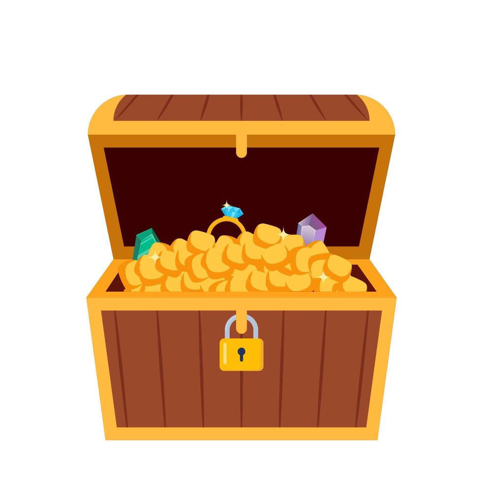 Trésor poitrine plein de or pièces de monnaie, cristal gemmes et bijoux. symbole de pirates, aventure, trésor. vecteur illustration.