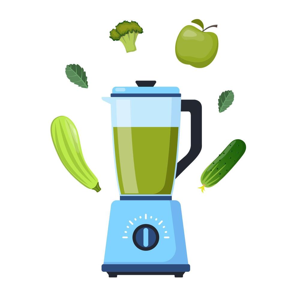 mixeur ou mixer. équipement pour smoothie fabrication. vert des légumes autour. cuisine outil pour cuisson. vecteur illustration.