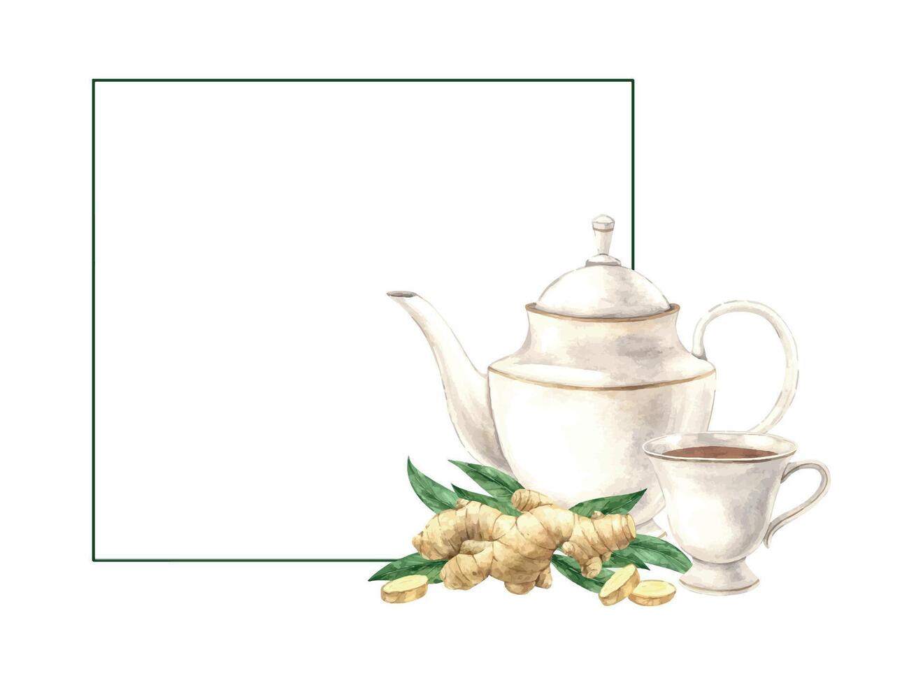 aquarelle carré Cadre avec ancien théière et tasse, vert feuilles et Gingembre. le illustration est main tiré sur un isolé Contexte. dessin pour menu conception, emballage, affiche, site Internet, textile. vecteur