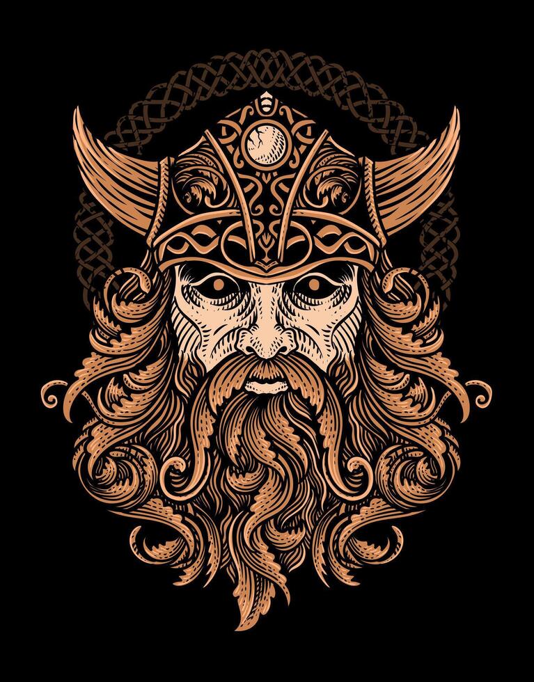 isolé viking tête avec gravure ornement cheveux, t chemise conception, tatouage conception, vecteur illustration