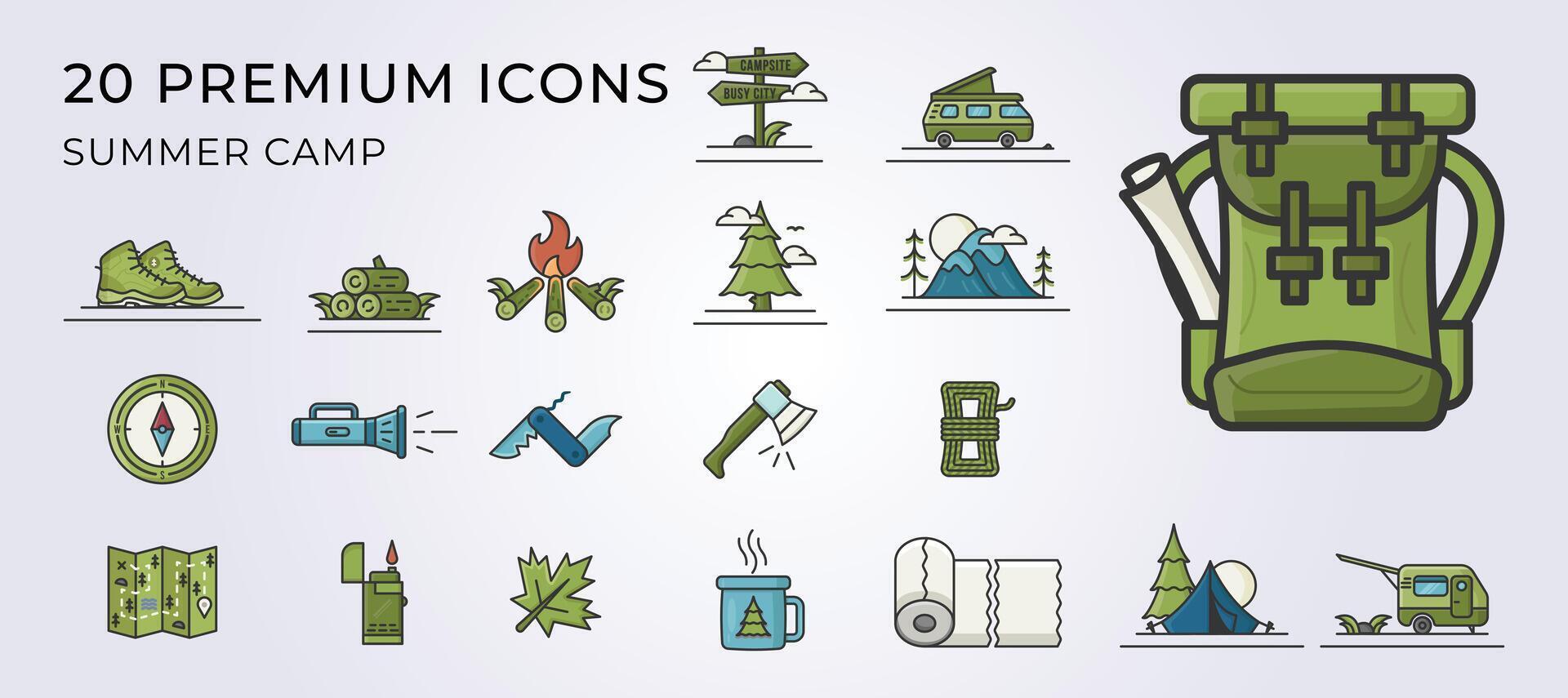 ensemble de été camping aventure icône symbole vecteur illustration conception, paquet icône de camping équipement