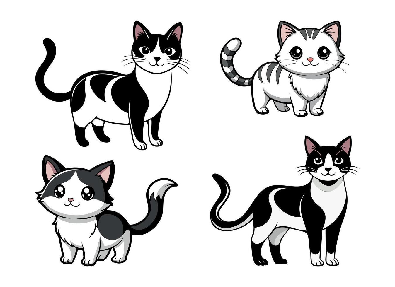 quatre noir et blanc chats sont montré dans différent pose vecteur