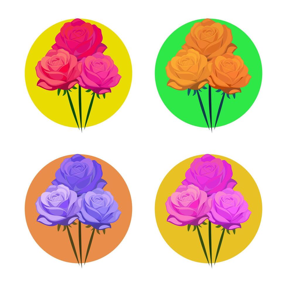 quatre différent coloré des roses dans rond cercles vecteur