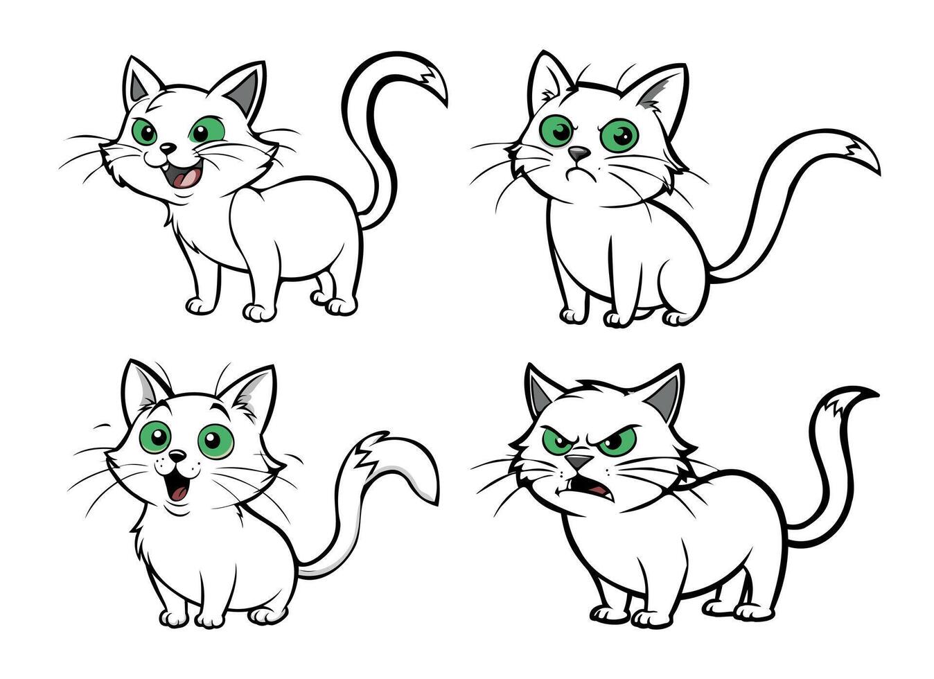 dessin animé chat avec vert yeux et quatre différent expressions vecteur