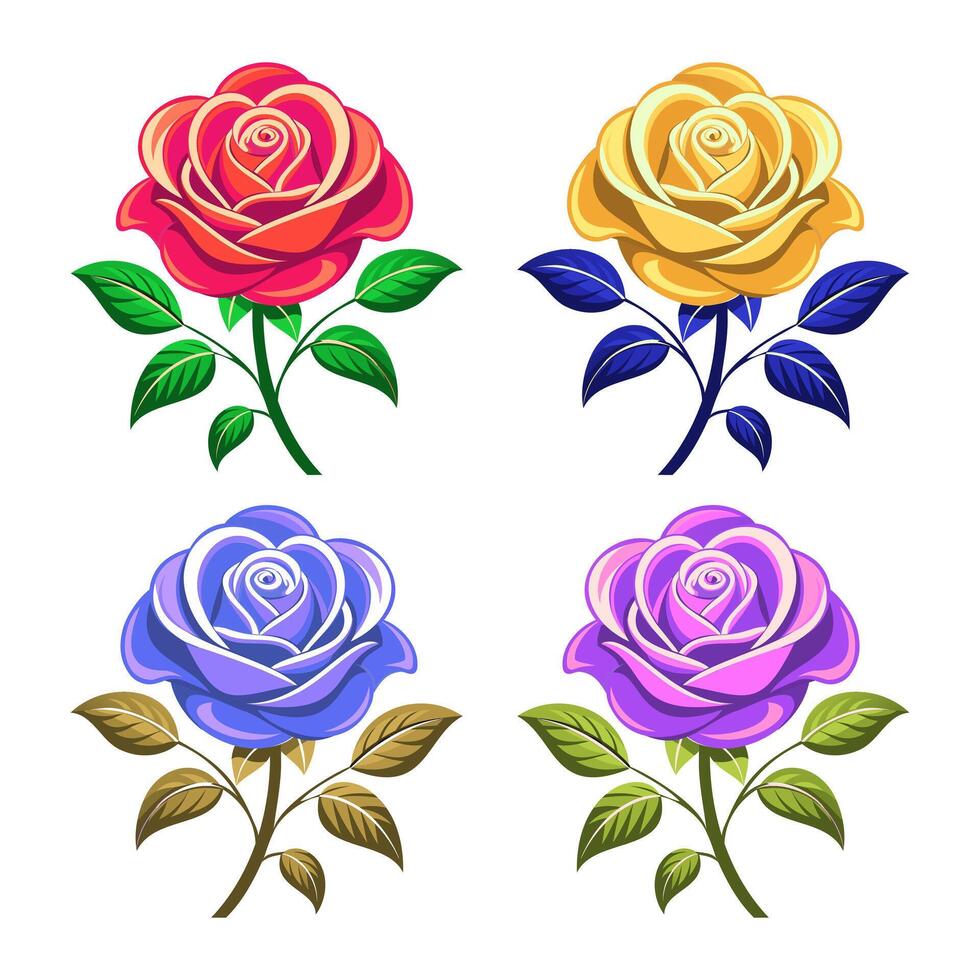 quatre différent coloré des roses sur une blanc Contexte vecteur