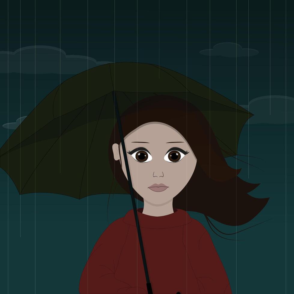 fille dans une rouge chandail avec un parapluie dans le pluie vecteur