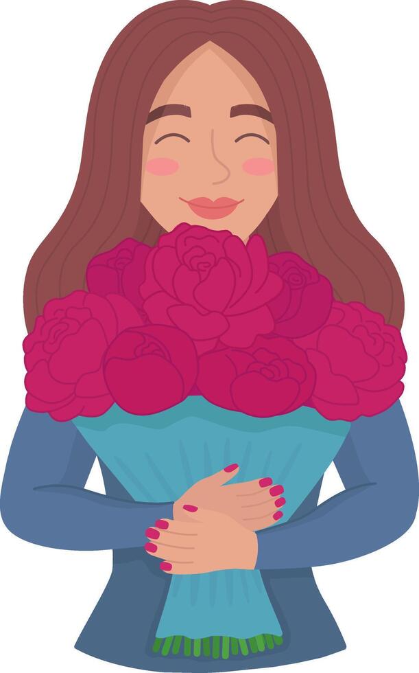 une magnifique fille avec bordeaux fleurs dans sa mains. une fille avec une bouquet de pivoines dans sa mains. des illustrations de vecteur conception dans Fait main style.