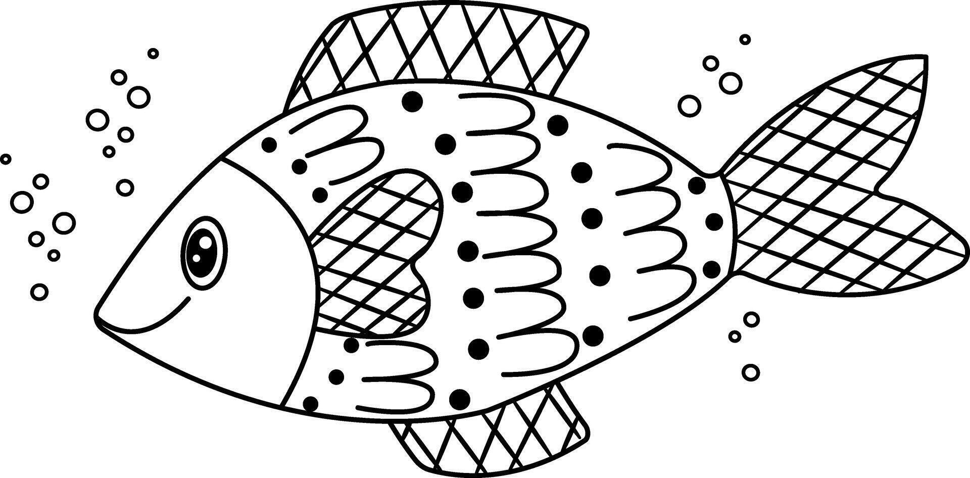 vecteur illustration de une poisson cette nage dans le l'eau. une noir et blanc coloration livre pour les enfants. le Marin monde de poisson. illustration de sous-marin vie, Marin créatures, algues et poisson.