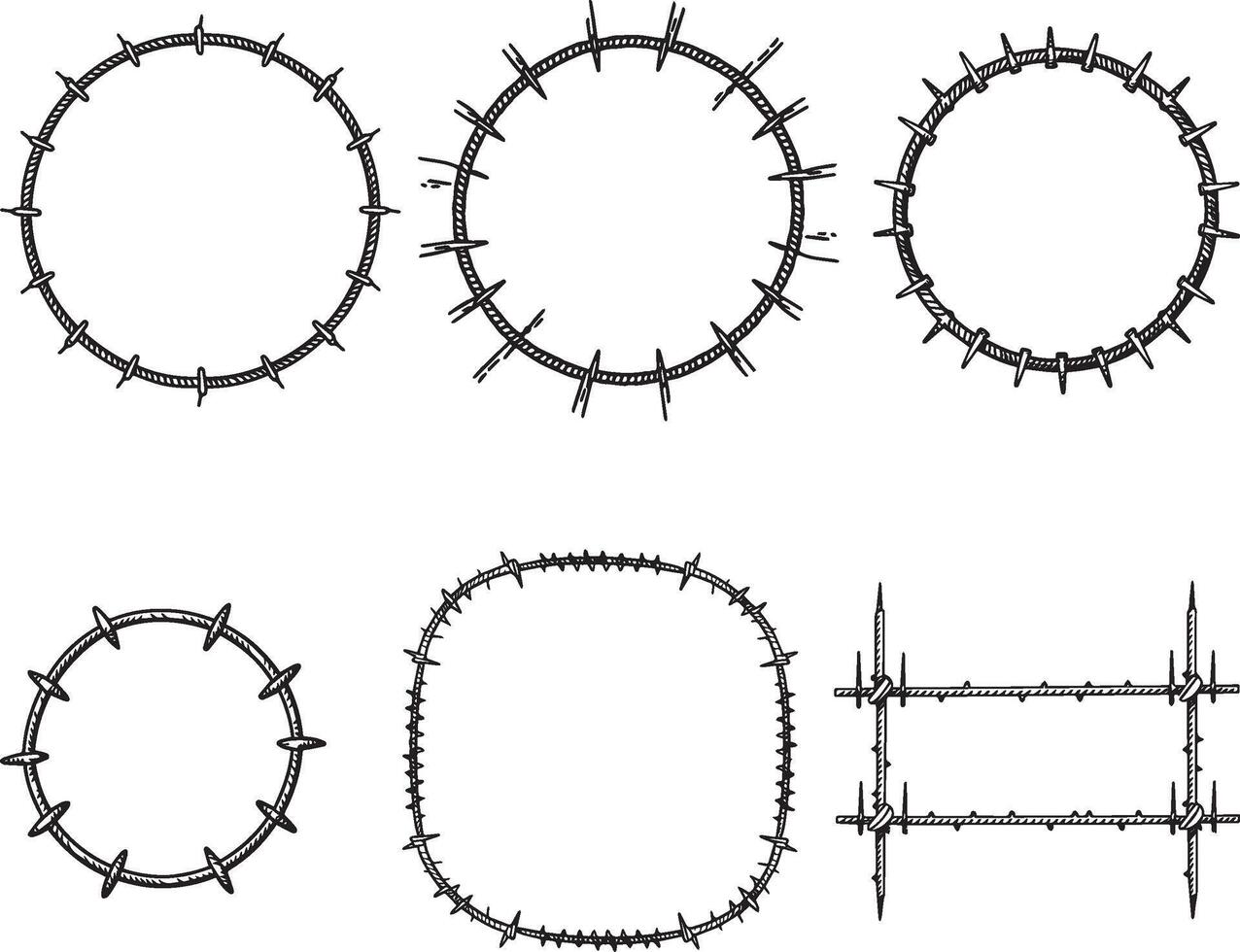 ensemble de barbelé câble cadres. main tiré vecteur, illustration dans esquisser style. conception élément pour militaire, sécurité, prison, esclavage concepts vecteur