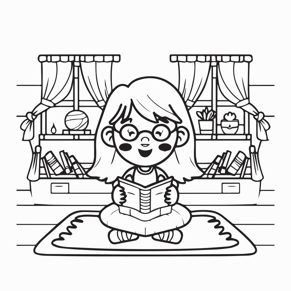 mignonne peu fille en train de lire livre dans le vivant pièce vecteur illustration conception.coloration page pour les enfants