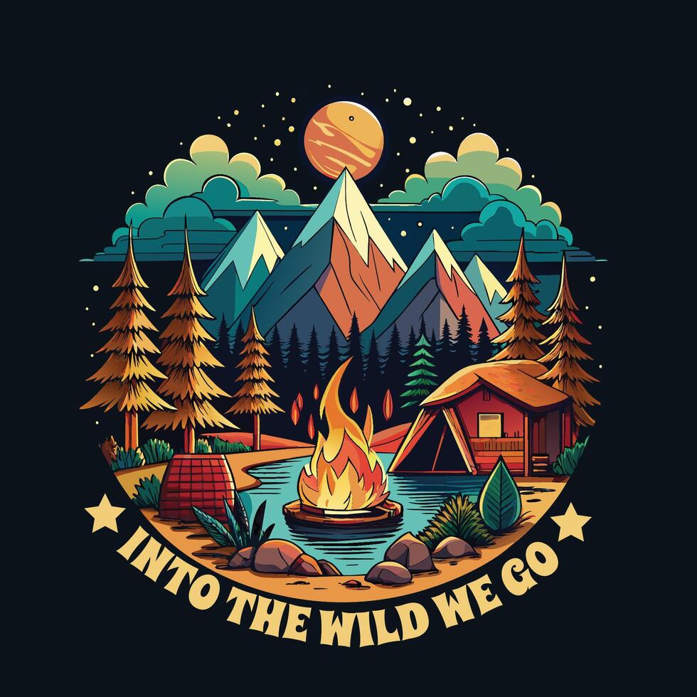 camping logo, t chemise conception rétro style. vecteur illustration